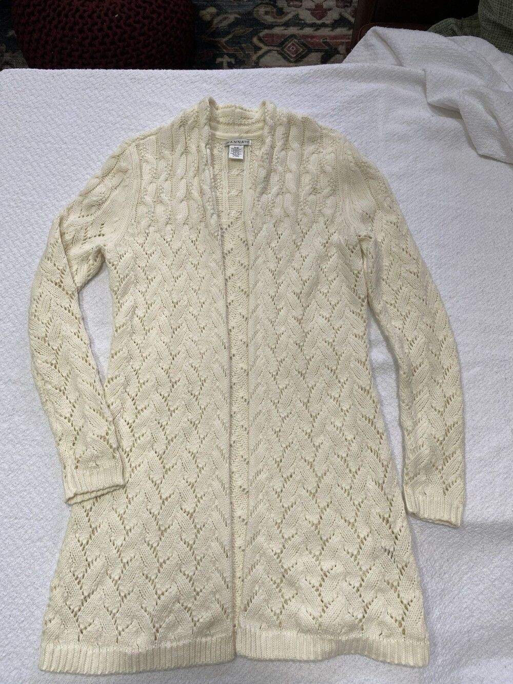 HANNAH Cream Pointelle Cable Knit Cardigan Sweater Womens S Small Long Cotton